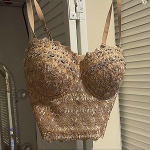 Beige rhinestone embroidered crop top - gorgeous!